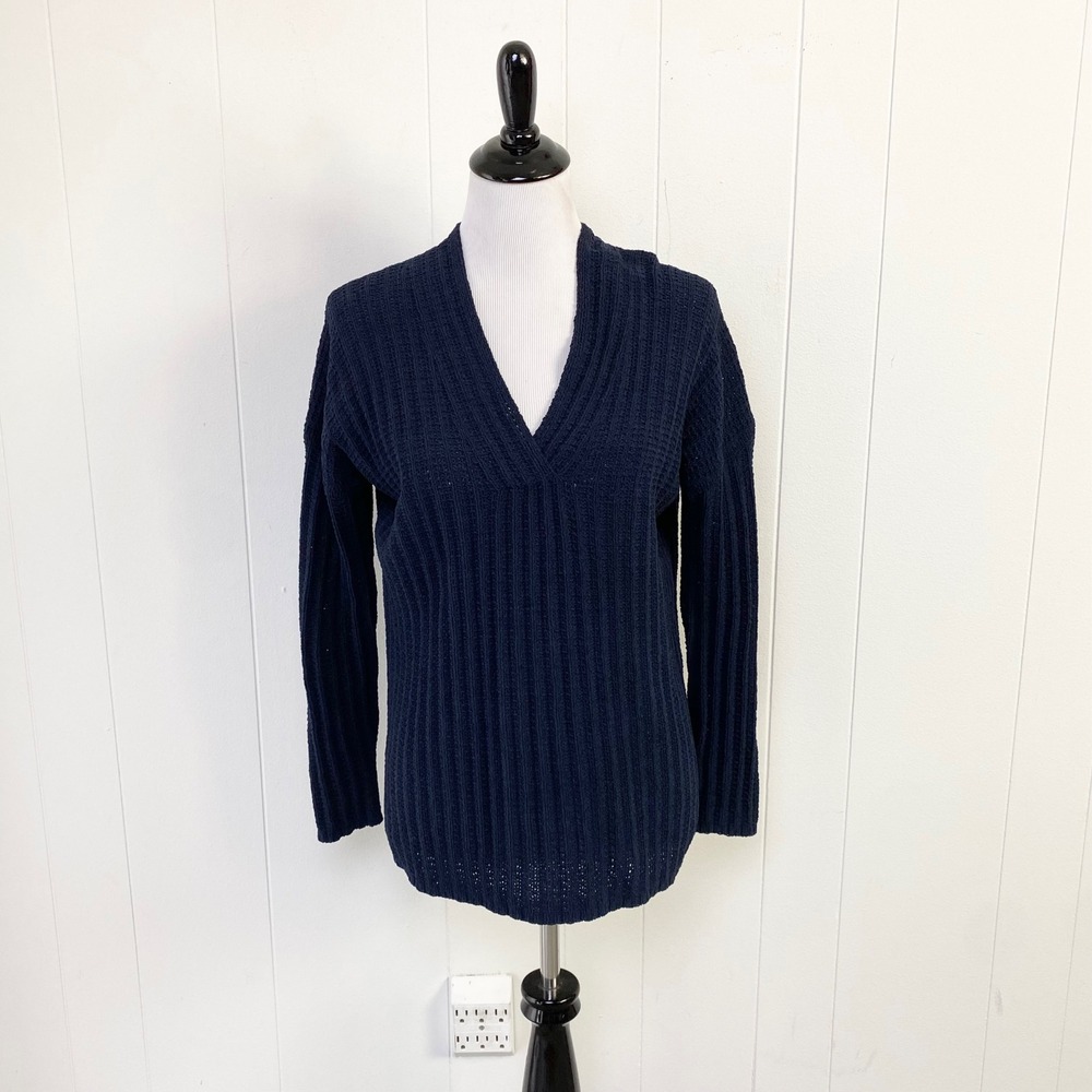 J. Jill Chenille Ribbed V-Neck Sweater Navy Blue Size XS Cozy Soft Loose Knit